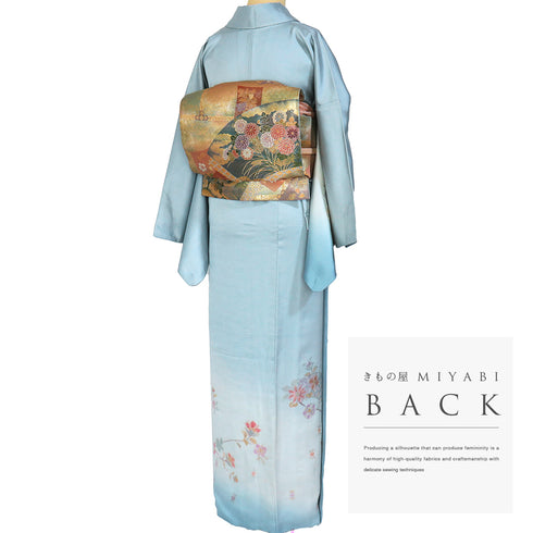 付下げ リサイクル 身丈164.5cm 裄68.6cm 袷 地紙に花や蝶柄 中国汕頭刺繍 ブルー Lサイズ セミフォーマル フォーマル 正絹 広衿 Sランク