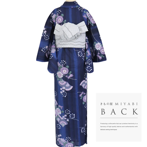 浴衣 リサイクル 夏着物 身丈162.5cm 裄65cm 夏物 花柄 既製品 ブルー Lサイズ カジュアル 木綿 洗える着物 バチ衿 Sランク