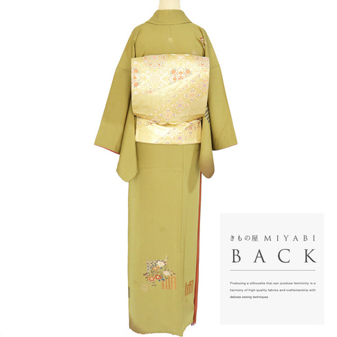 付下げ リサイクル 身丈158cm 裄65.6cm 袷 源氏香に花枝柄 箔 地紋 グリーン Mサイズ セミフォーマル お洒落 一つ紋 正絹 広衿 Aランク