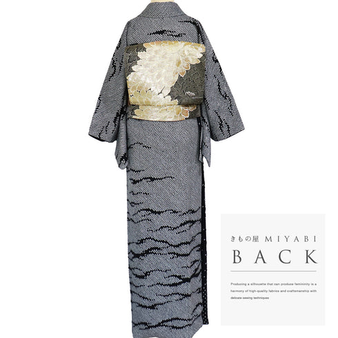 訪問着 リサイクル 身丈157.5cm 裄63cm 袷 ゆったりサイズ 絞り パールトーン加工済 ブラック Mサイズ お洒落 正絹 広衿 Sランク