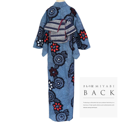 浴衣 リサイクル 夏着物 身丈157.8cm 裄64.4cm 夏物 花柄 有松鳴海本絞り ブルー Mサイズ カジュアル 木綿 洗える着物 バチ衿 Sランク