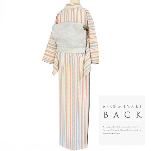 小紋 リサイクル 身丈166.8cm 裄64.4cm 袷 縞柄 ベージュ LLサイズ お洒落 カジュアル 正絹 広衿 Aランク