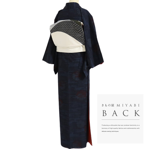 紬 リサイクル 身丈165.3cm 裄66.6cm 袷 結城紬 雪輪柄 ネイビー Lサイズ カジュアル お洒落 証紙 しつけ糸 正絹 広衿 Sランク