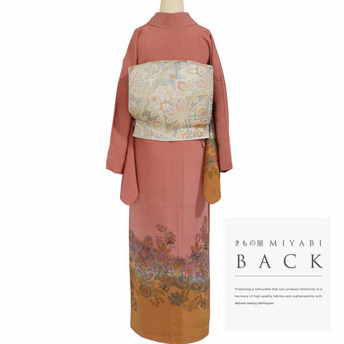 訪問着 リサイクル 身丈168.5cm 裄69.2cm 袷 華唐草柄 汕頭刺繍 オレンジ LLサイズ セミフォーマル 正絹 広衿 Sランク