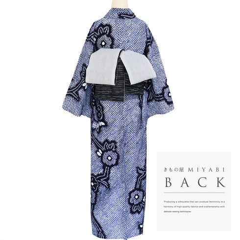 浴衣 リサイクル 夏着物 身丈150.5cm 裄66.4cm 夏物 絞り 花柄 ネイビー Sサイズ カジュアル お洒落 木綿 洗える着物 バチ衿 Sランク