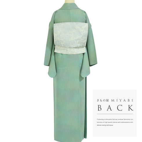 小紋 リサイクル 身丈154.8cm 裄64.4cm 袷 たたきぼかし柄 グリーン Sサイズ お洒落 正絹 広衿 Sランク