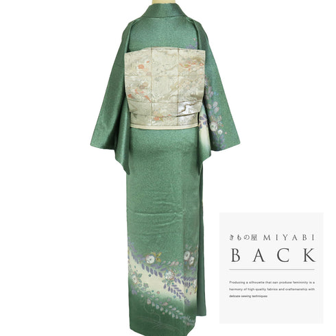 訪問着 リサイクル 身丈166.3cm 裄66cm 袷 ミシン仕立て 後絞り加工 辻が花模様 胴裏化繊 グリーン LLサイズ お洒落 正絹 広衿 Aランク