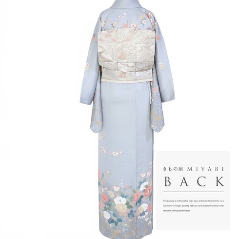 訪問着 リサイクル 身丈162cm 裄66.4cm 袷 花各種柄 ブルー Lサイズ セミフォーマル お洒落 正絹 広衿 Aランク