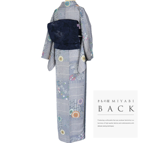 小紋 リサイクル 身丈163cm 裄62.8cm 袷 石畳に番傘や草履柄 地紋 グレー Lサイズ お洒落 カジュアル 正絹 広衿 Sランク