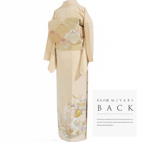 色留袖 リサイクル 身丈160.8cm 裄66.4cm 袷 花や橋柄 金駒刺繍 ベージュ Lサイズ 一つ紋 正絹 広衿 Aランク