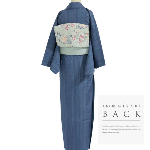 結城紬 リサイクル 身丈163.5cm 裄66.4cm 袷 デザイン縦縞模様 ブルー Lサイズ お洒落 カジュアル 証紙 しつけ糸 正絹 広衿 Sランク