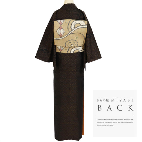 紬 リサイクル 身丈164.5cm 裄64.8cm 袷 デザイン綱模様 ブラック Lサイズ お洒落 証紙 正絹 広衿 Aランク