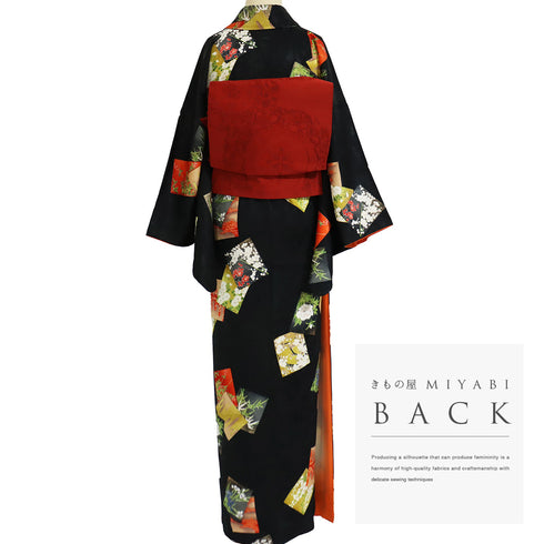 小紋 リサイクル 身丈157.2cm 裄65.8cm 袷 色紙 箔 ブラック Mサイズ お洒落 正絹 広衿 Sランク