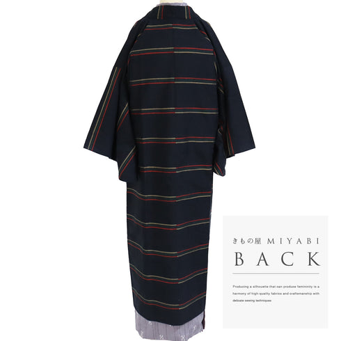 道中着 リサイクル 身丈130.8cm 裄67.4cm 袷 紬 ロング丈 縞柄 ブラック Lサイズ お洒落 カジュアル 正絹 Aランク