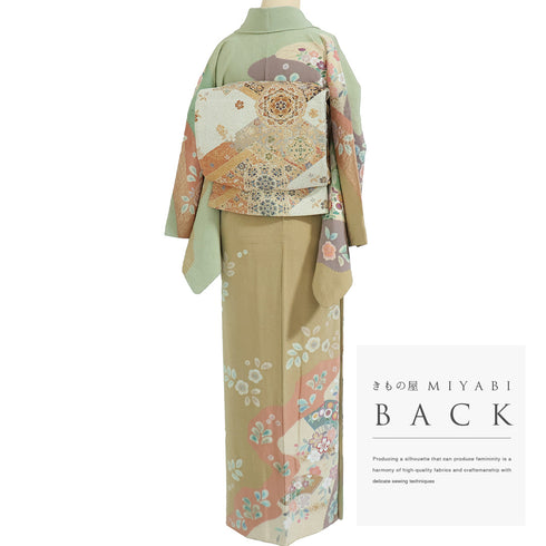 訪問着 リサイクル 身丈162.2cm 裄63.6cm 袷 染め分け 部分絞り 扇子に花各種柄 金駒刺繍 箔 グリーン Lサイズ セミフォーマル お洒落 正絹 広衿 Sランク