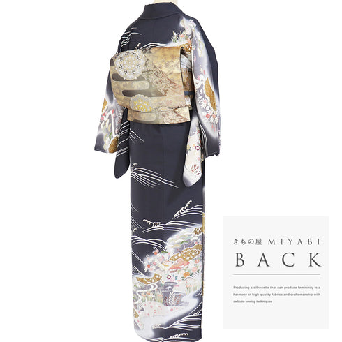 訪問着 リサイクル 身丈165cm 裄68cm 袷 花や松柄 金駒刺繍 箔 グレー Lサイズ セミフォーマル フォーマル しつけ糸 正絹 広衿 Sランク