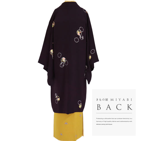 道中着 リサイクル 身丈107.3cm 裄67cm 袷 雪輪に花柄 パールトーン加工 パープル Lサイズ お洒落 カジュアル 正絹 Sランク