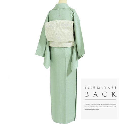 色無地 リサイクル 身丈155cm 裄64.7cm 袷 グリーン Sサイズ セミフォーマル お洒落 一つ紋 正絹 広衿 地紋あり Sランク