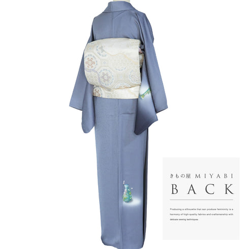 付下げ リサイクル 身丈161.5cm 裄68.4cm 袷 おしゃれ花瓶・ぶどう柄 押し花あり ブルー Lサイズ お洒落 正絹 広衿 Sランク