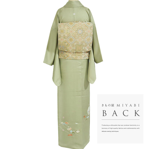 訪問着 リサイクル 身丈166cm 裄66cm 袷 牡丹に菊柄 刺繍 地紋 グリーン LLサイズ フォーマル セミフォーマル 一つ紋 正絹 広衿 Sランク