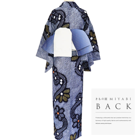 浴衣 リサイクル 夏着物 身丈154.5cm 裄64.4cm 夏物 絞り 流水に菊柄 ネイビー Sサイズ カジュアル 木綿 洗える着物 バチ衿 Sランク