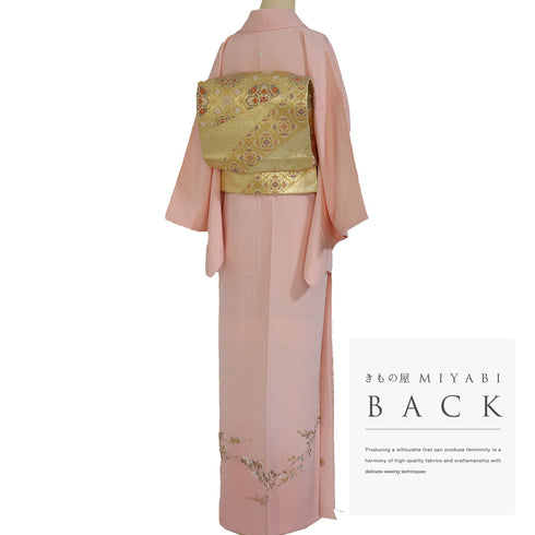 色留袖 リサイクル 身丈160.7cm 裄66cm 袷 金彩 松竹梅柄 南天柄 和田光正 ヒヨクなし ピンク Lサイズ セミフォーマル 落款 一つ紋 しつけ糸 正絹 広衿 Sランク