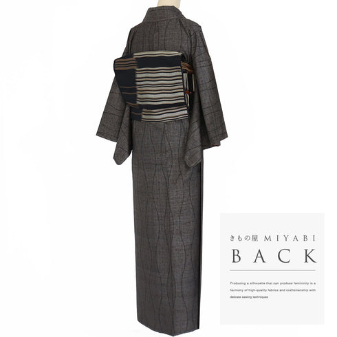 大島紬 リサイクル 身丈159.3cm 裄64cm 袷 立枠柄 ブラウン Mサイズ お洒落 カジュアル 証紙 しつけ糸 正絹 広衿 Sランク