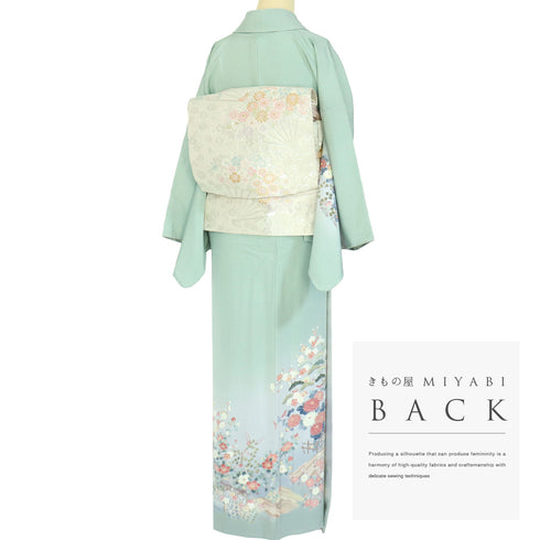 訪問着 リサイクル 身丈155.2cm 裄65.2cm 袷 松竹梅柄 グリーン Sサイズ セミフォーマル お洒落 正絹 広衿 Sランク