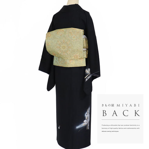 訪問着 リサイクル 身丈156cm 裄64.4cm 袷 金駒刺繍 竹にひょうたん柄 ブラック Mサイズ セミフォーマル 落款 正絹 広衿 Sランク