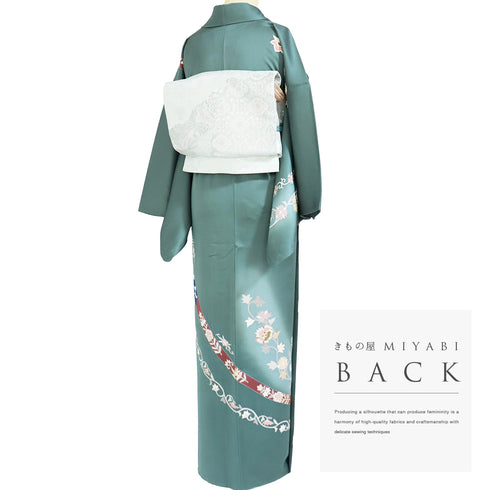 訪問着 リサイクル 身丈155cm 裄65.2cm 袷 花唐草柄 金駒刺繍 箔 グリーン Sサイズ セミフォーマル お洒落 正絹 広衿 Bランク