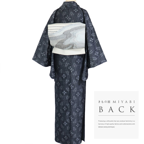 紬 リサイクル 身丈157.5cm 裄63.2cm 単衣 縦枠模様 ブラック Mサイズ お洒落 混合 バチ衿 Sランク