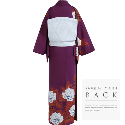 訪問着 リサイクル 身丈154cm 裄65.2cm 袷 牡丹柄 部分刺繍 箔加工 パープル Sサイズ セミフォーマル お洒落 正絹 広衿 Aランク