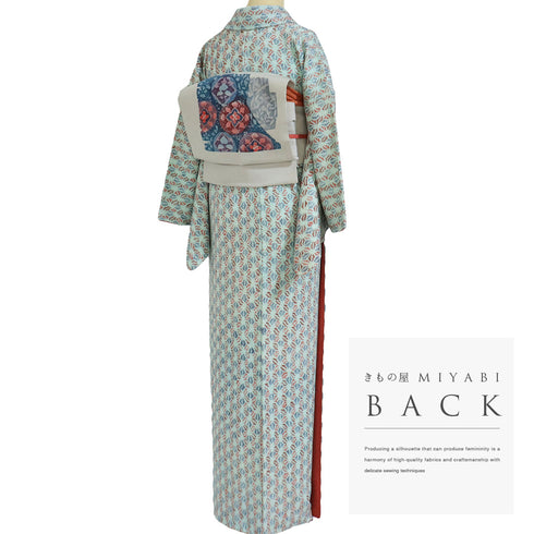 小紋 リサイクル 身丈166.7cm 裄65.6cm 袷 総絞り 麻の葉模様 ブルー LLサイズ お洒落 カジュアル 正絹 広衿 Sランク