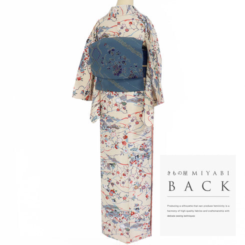 小紋 リサイクル 身丈156.5cm 裄62.6cm 袷 風景や四季花柄 ベージュ Mサイズ お洒落 ポリエステル 洗える着物 広衿 Sランク