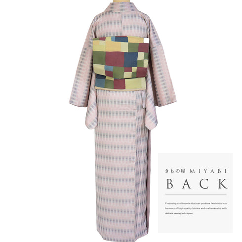 小紋 リサイクル 身丈163.7cm 裄66.8cm 袷 ゆったりサイズ 格子柄 ピンク Lサイズ お洒落 カジュアル 不明 広衿 Sランク