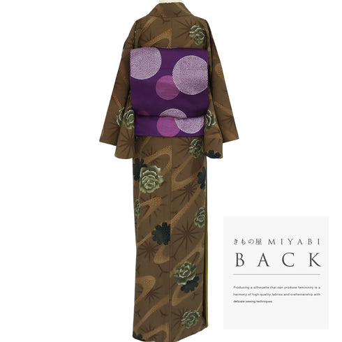 小紋 リサイクル 身丈163.5cm 裄65.6cm 袷 麻の葉に花模様 ブラウン Lサイズ お洒落 カジュアル ポリエステル 洗える着物 広衿 Sランク