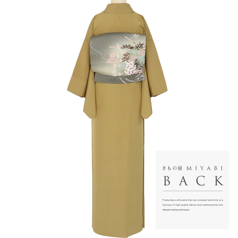 色無地 リサイクル 身丈154.4cm 裄62.2cm 袷 イエロー Sサイズ セミフォーマル お洒落 落款 一つ紋 正絹 広衿 地紋なし Sランク