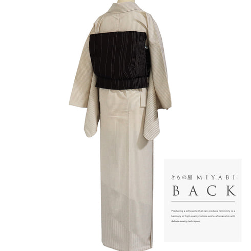 付下げ リサイクル 身丈169cm 裄66.8cm 単衣 縞柄 塩沢紬 ベージュ サイズ お洒落 しつけ糸 正絹 広衿 Sランク