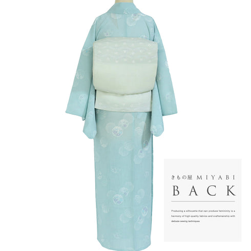 小紋 リサイクル 夏着物 身丈156.3cm 裄65.2cm 夏物 雪輪模様 秋草柄 薄物 ブルー Mサイズ お洒落 ポリエステル 洗える着物 広衿 Sランク