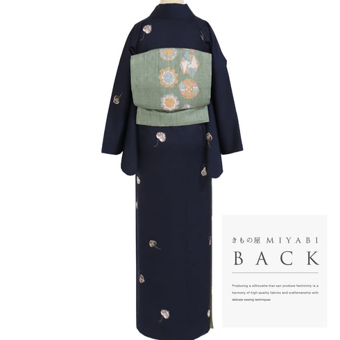 小紋 リサイクル 身丈164.5cm 裄68.4cm 袷 葵柄 地紋 ネイビー Lサイズ お洒落 カジュアル 正絹 広衿 Sランク