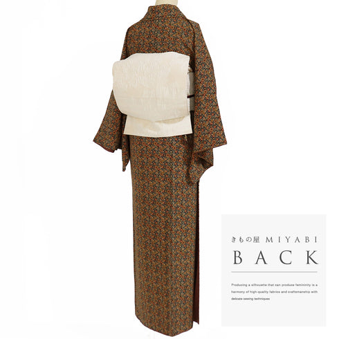 小紋 リサイクル 身丈155cm 裄67cm 袷 小花柄 ブラウン Sサイズ カジュアル 正絹 広衿 Aランク