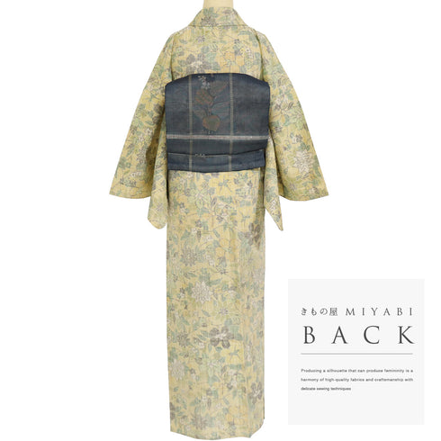 紬 リサイクル 身丈155cm 裄68cm 単衣 華花柄 イエロー Sサイズ お洒落 カジュアル 正絹 広衿 Sランク