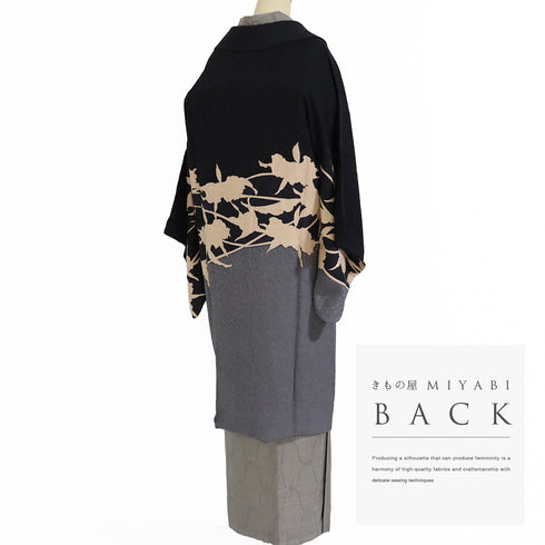 コート リサイクル 身丈106cm 裄66.4cm 袷 ロング変わり衿コート 絵羽柄 草花のシルエット柄 多色 Mサイズ お洒落 正絹 Sランク