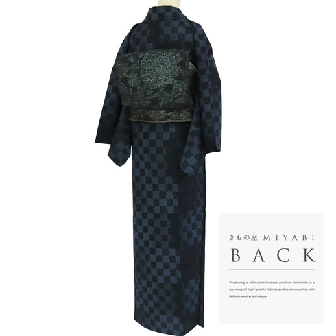 紬 リサイクル 身丈166cm 裄64.8cm 単衣 塩沢絣 市松柄 ネイビー LLサイズ お洒落 カジュアル 証紙 正絹 広衿 Sランク