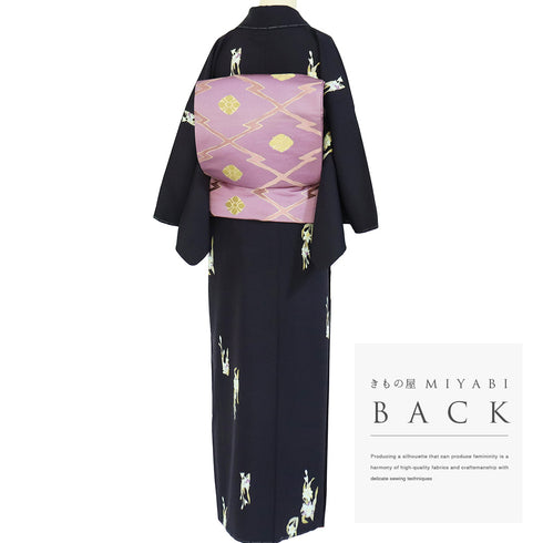 小紋 リサイクル 身丈155.8cm 裄64cm 袷 花柄 ネイビー Mサイズ お洒落 しつけ糸 正絹 広衿 Sランク