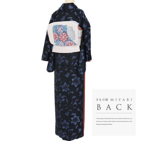 小紋 リサイクル 身丈154.5cm 裄63.6cm 袷 アンティーク お召 花柄 地紋 ネイビー Sサイズ お洒落 カジュアル 正絹 広衿 Aランク