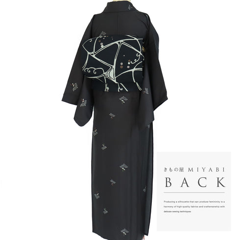 小紋 リサイクル 身丈157.5cm 裄63.6cm 単衣 青海波にひょうたん柄 地紋 ブラック Mサイズ お洒落 カジュアル ポリエステル 洗える着物 広衿 Aランク