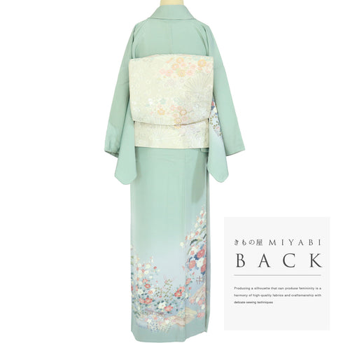 訪問着 リサイクル 身丈155.2cm 裄65.2cm 袷 松竹梅柄 グリーン Sサイズ セミフォーマル お洒落 正絹 広衿 Sランク