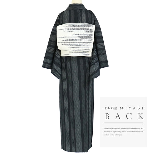 紬 リサイクル 身丈155.8cm 裄64.4cm 単衣 よろけ縞柄 ブラック Mサイズ お洒落 カジュアル 正絹 広衿 Sランク