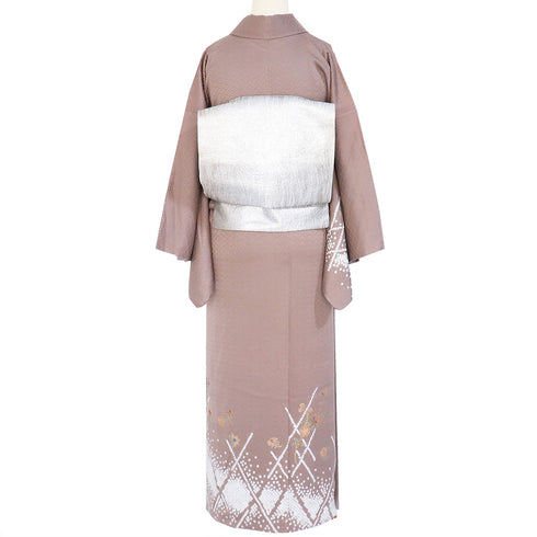 訪問着 リサイクル 身丈161.3cm 裄64.8cm 袷 部分絞り 垣根に花枝柄 地紋 ブラウン Lサイズ お洒落 しつけ糸 正絹 広衿 Sランク